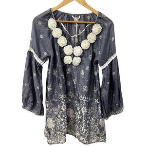 Trinity Dress Womens Small NEW Blue Floral Pom Poms 100% Silk Boho Cottagecore